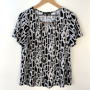 Always Indigo Womens XL Black White Geometric Chain Print Blouse Short Sleeve